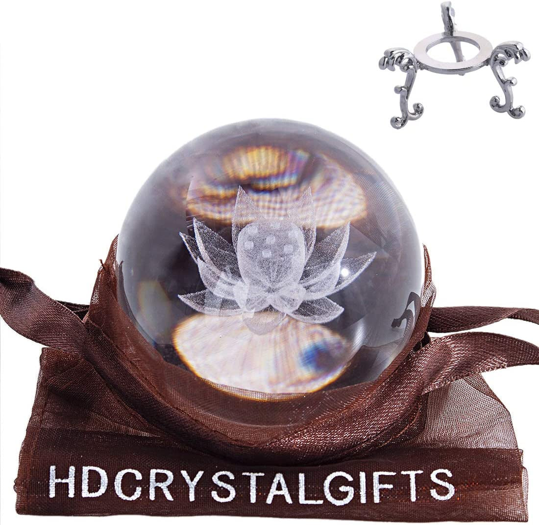 Crystal 2.4 Inch (60Mm) Carving Lotus Crystal Ball with Sliver-Plated Flowering Stand,Fengshui Glass Ball Home Decoration